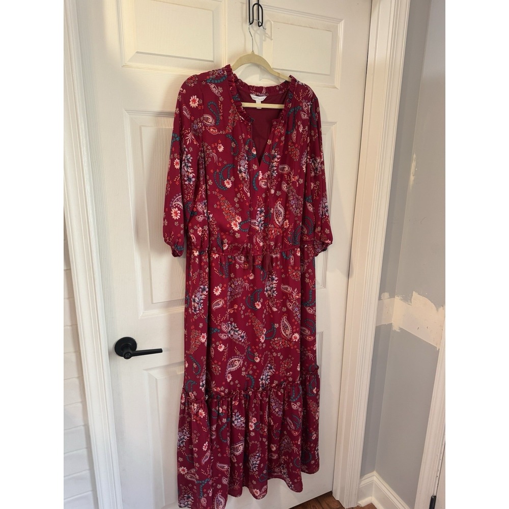 Boutique Plus Sz XXL Dark Pink Paisley Floral Tie Neck Maxi Dress Boho peasant